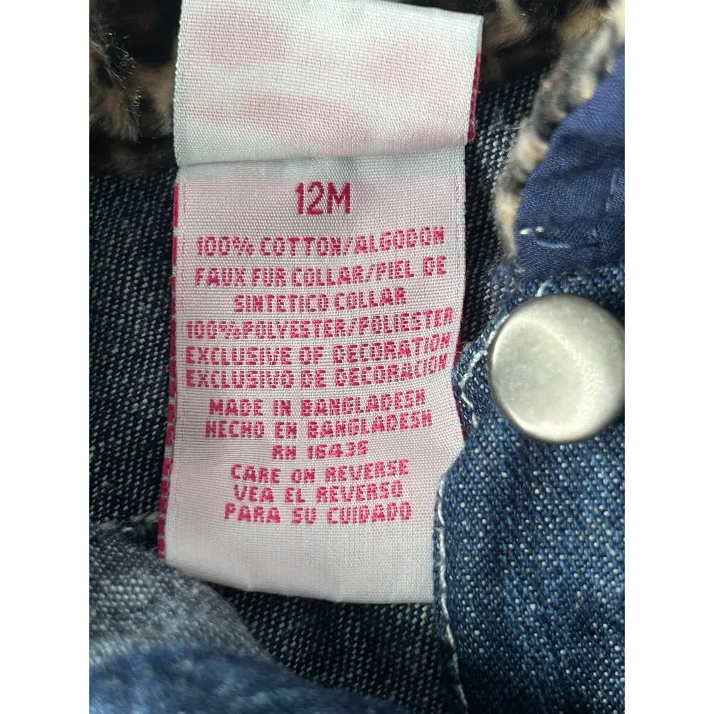 Nanette Kids sz 12 mth Dark denim jacket leopard collar embroidered cat face